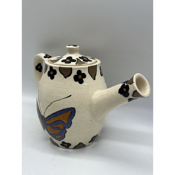 Artist Handmade Glazed Pottery Pitcher Butterfly Floral Design Spring Decor - Picture 8 of 16